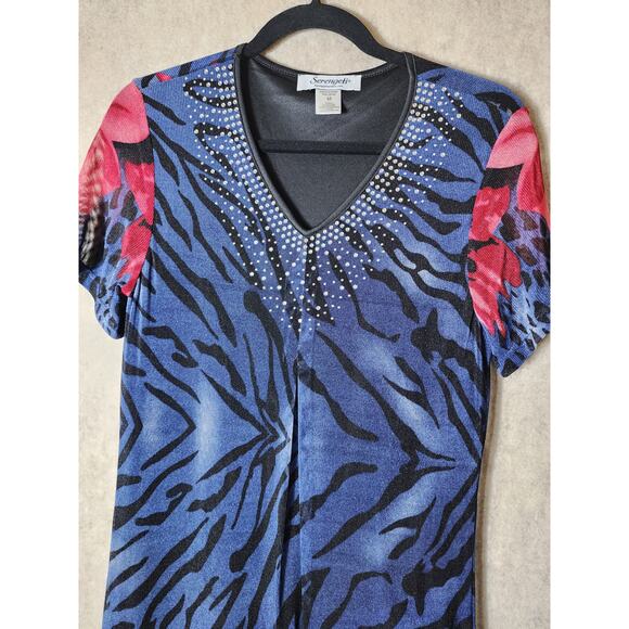 SERENGETI Blue Red Animal Print Floral Silky Knit Bling Maxi Dress SZ M - Picture 3 of 7